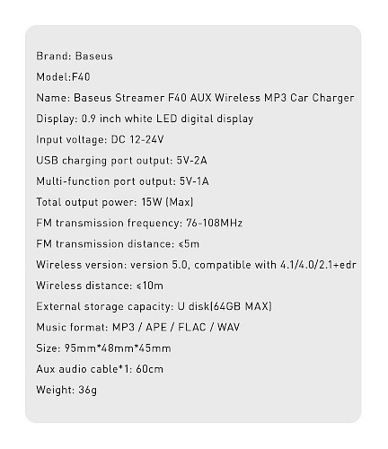 Baseus® CCF40-01 Bluetooth FM Transmiter i auto punjač