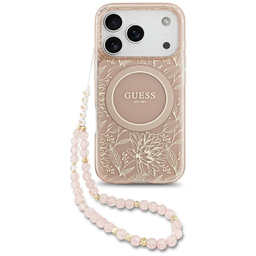 Guess® IML Flowers Electro MagSafe maskica s vezicom za iPhone 17 Pro Pink