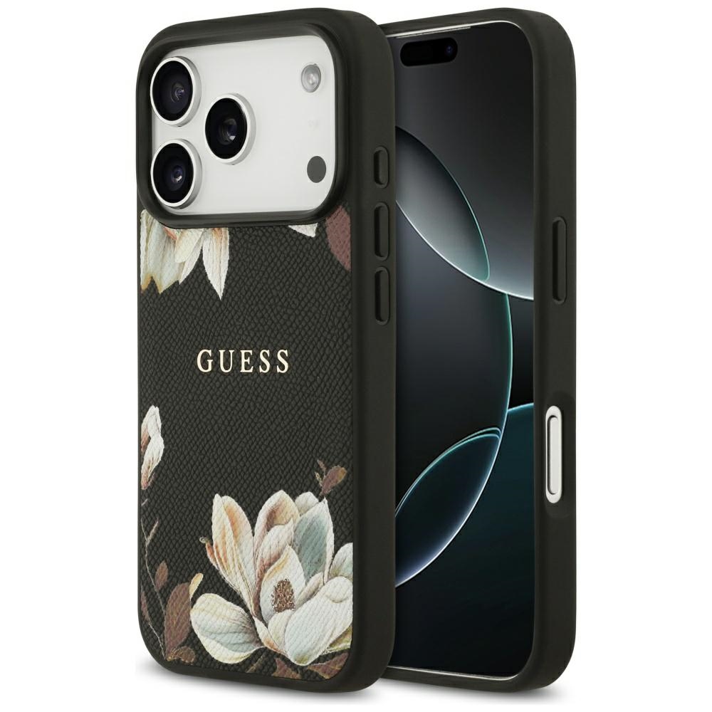 Guess® Grained Flowers Classic Logo MagSafe maskica za iPhone 17 Pro Crna