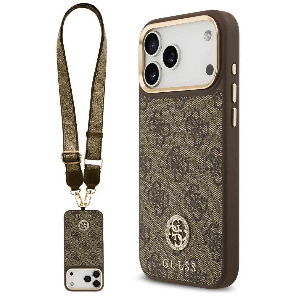 Guess® 4G Rhinestone Logo Metal Button MagSafe maskica s vezicom za iPhone 17 Pro Max Smeđa