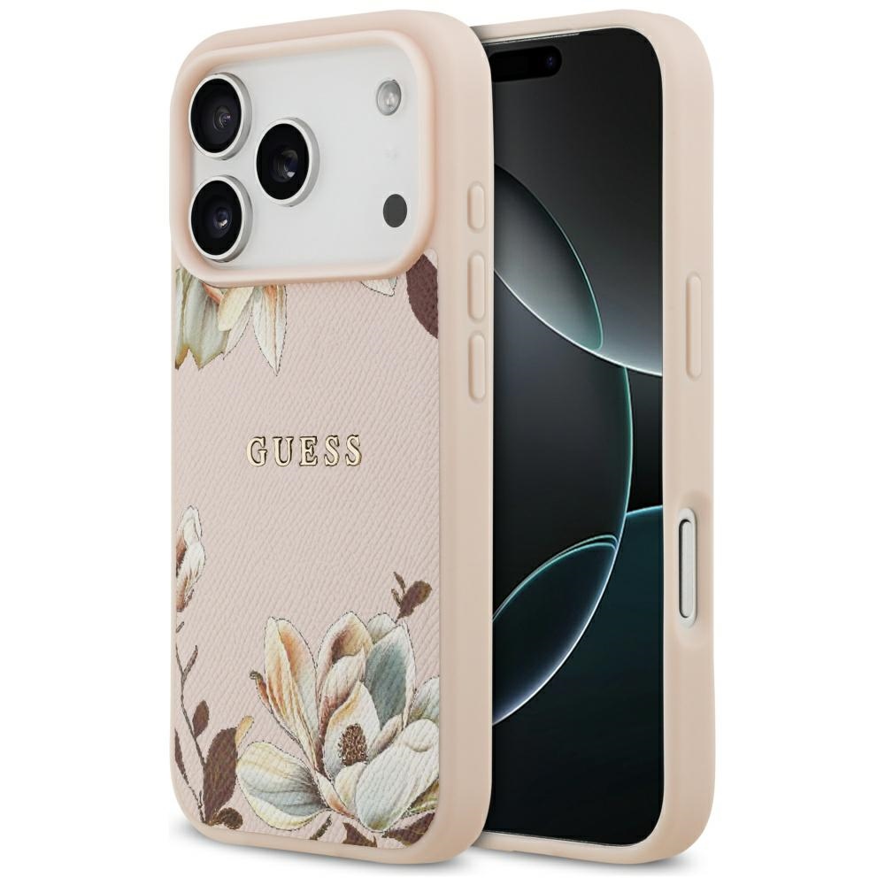 Guess® Grained Flowers Logo MagSafe maskica za iPhone 17 Pro Max Pink