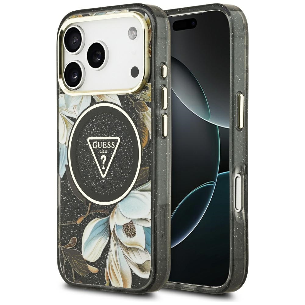 Guess® IML Glitter Flowers Triangle MagSafe maskica za iPhone 17 Pro Crna
