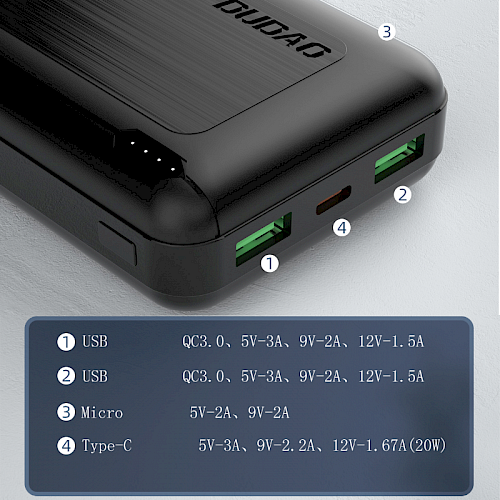 Dudao® K12PQ+ Brzi 20W QC 3.0 Prijenosni punjač 2 x USB + Type C 20000mAh crni